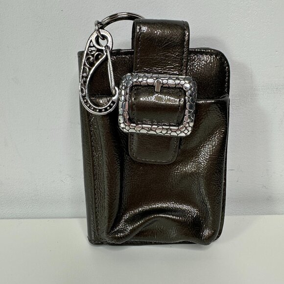 BRIGHTON Metallic Pewter Patent Leather Phone Wallet Card Case Buckle 5x4" - Picture 1 of 9